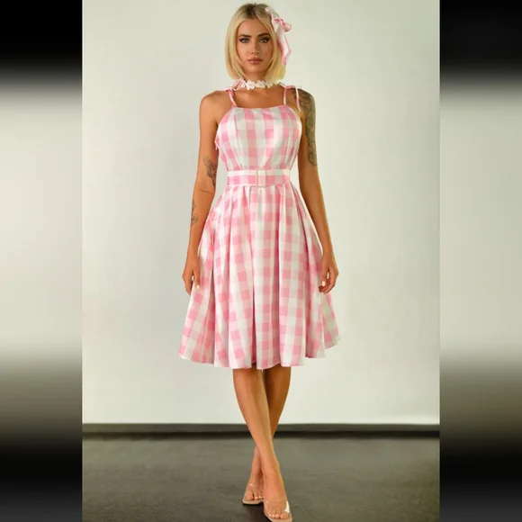 Pink & White Gingham Tie Shoulder Fit To Flare Dress + Costume Accessories (L) - Picture 8 of 16